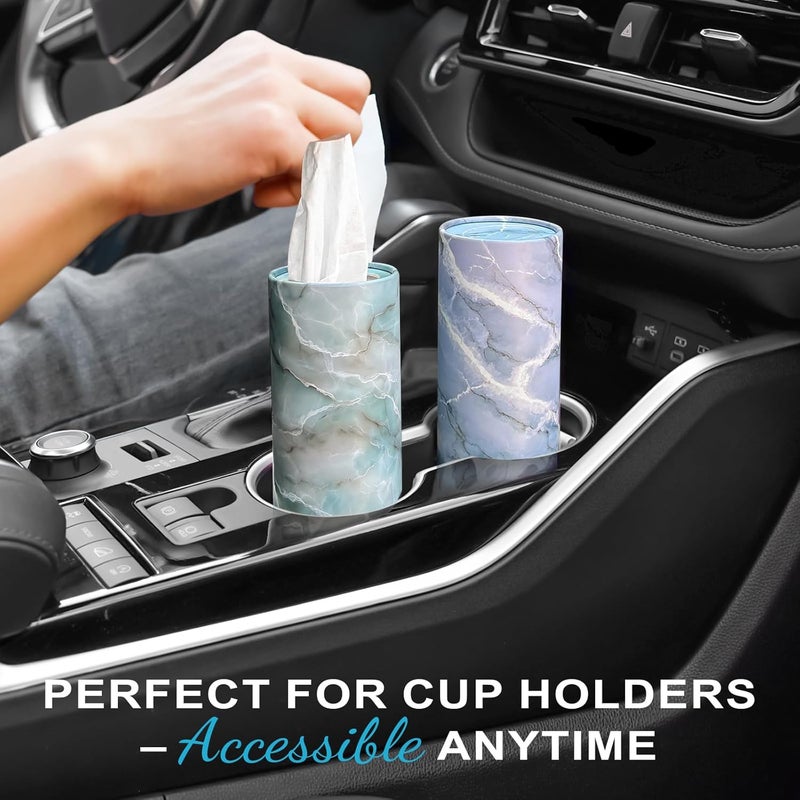 Gomew Car Tissue Holder (4 PK) - 50 3-Ply Tissues Cylinder, Fits Car Cup Holders, Portable Travel Tubes Box Container, Marble Design, Round Tissue Container for Car Accessories - Image 2